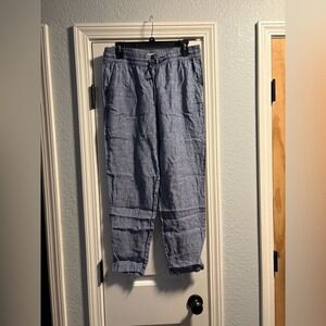 H&M Linen Pants Womens Chambray Blue Size 8 Pull On Straight Drawstring Elastic